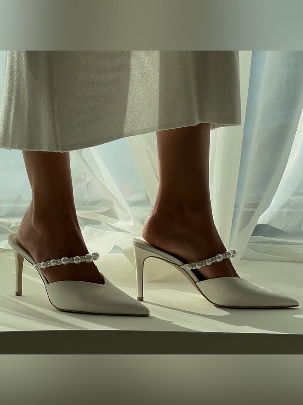 Dolce Vita Vanilla Kanika Pointed-Toe Pearl-Strap Mule Heels